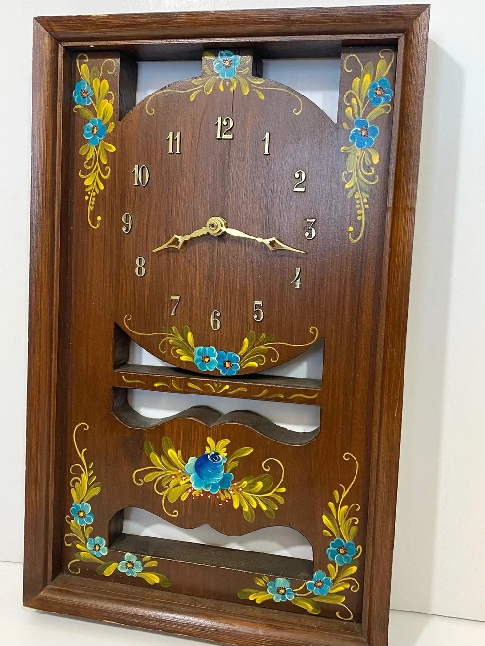 Hand-Painted Scandinavian Wooden Wall Clock with Blue Floral Design